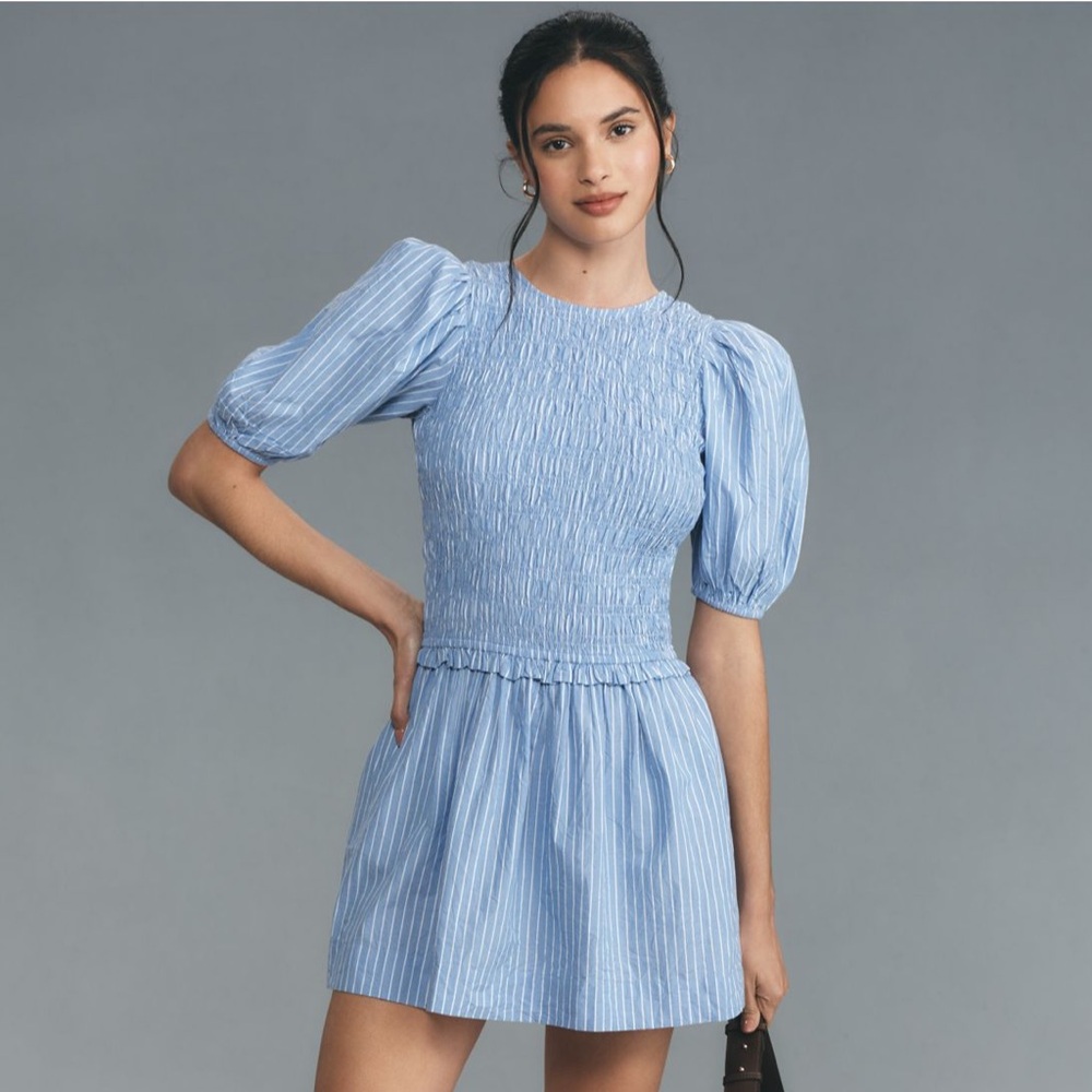 NWT Damson Madder Bluebelle Puff-Sleeve Shirred Mini Dress
